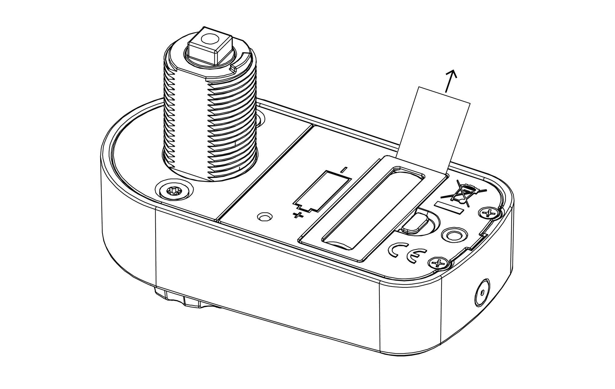 Skiss över hur plastflärp vid batteri dras bort på Flexlock Visible